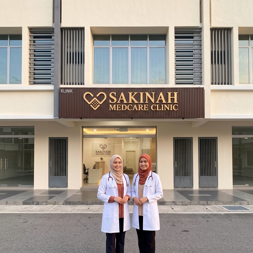 Sakinah Medcare Clinic exterior building with two female medical doctors